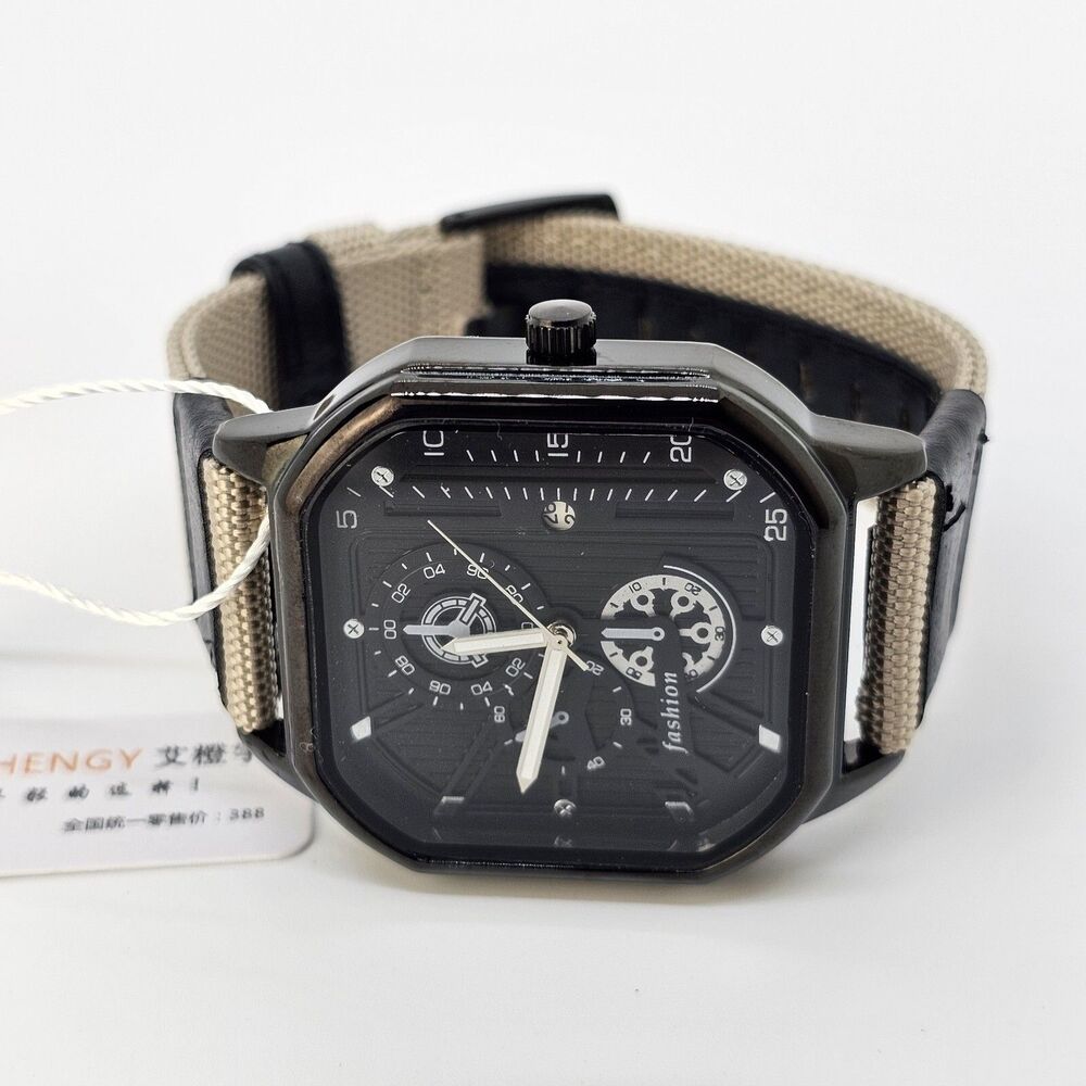 Men's Watch 42MM Black Case Black Dial Date Black Tan Canvas Band Straps‎